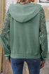 Waffle Knit Lace Patchwork Raglan Drawstring Kangaroo Pocket Hoodie